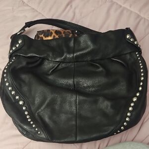 b. makowsky Black Leather Hobo with Silver Studs